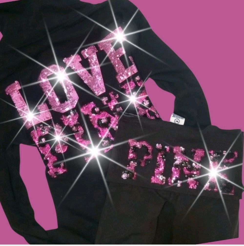 PINK Victoria's Secret Leopard Sequence Fold Over Yoga Pants & Hoodie M
